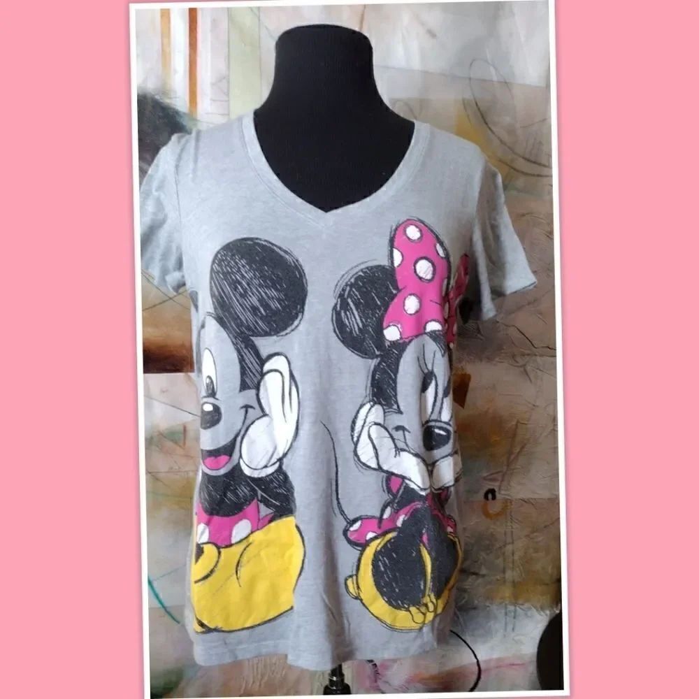 Disney T-Shirt Size L(11-13) Gray Mickey and Minnie Mouse Graphic Tee